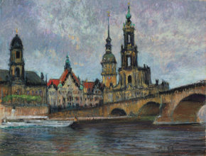  “Blick auf die Altstadt Dresden, Katholische Hofkirche" Ölpastell auf Papier 65x50 cm, 2015
