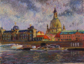 "Abend am Elbufer in Dresden", lpastell auf Papier 65x50 cm, 2015