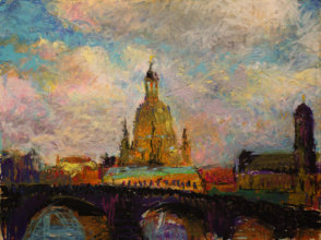 "Dresden. Blick auf die Altstadt von Elbufer" lpastell auf Papier 65x50 cm, 2015